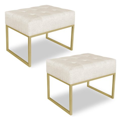 Kit 02 Puffs Lisa Linho Base Metálica Industrial Dourado - Pallazio Bege