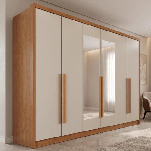Guarda-Roupa Casal com Espelho 6 Portas e 4 Gavetas Multimóveis Crnvh-GRP141 Cinamomo/Bege