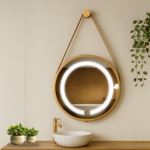 Espelho Redondo Iluminado 40cm com Alça Touch 2 Leds com Alça Adnet Reduna