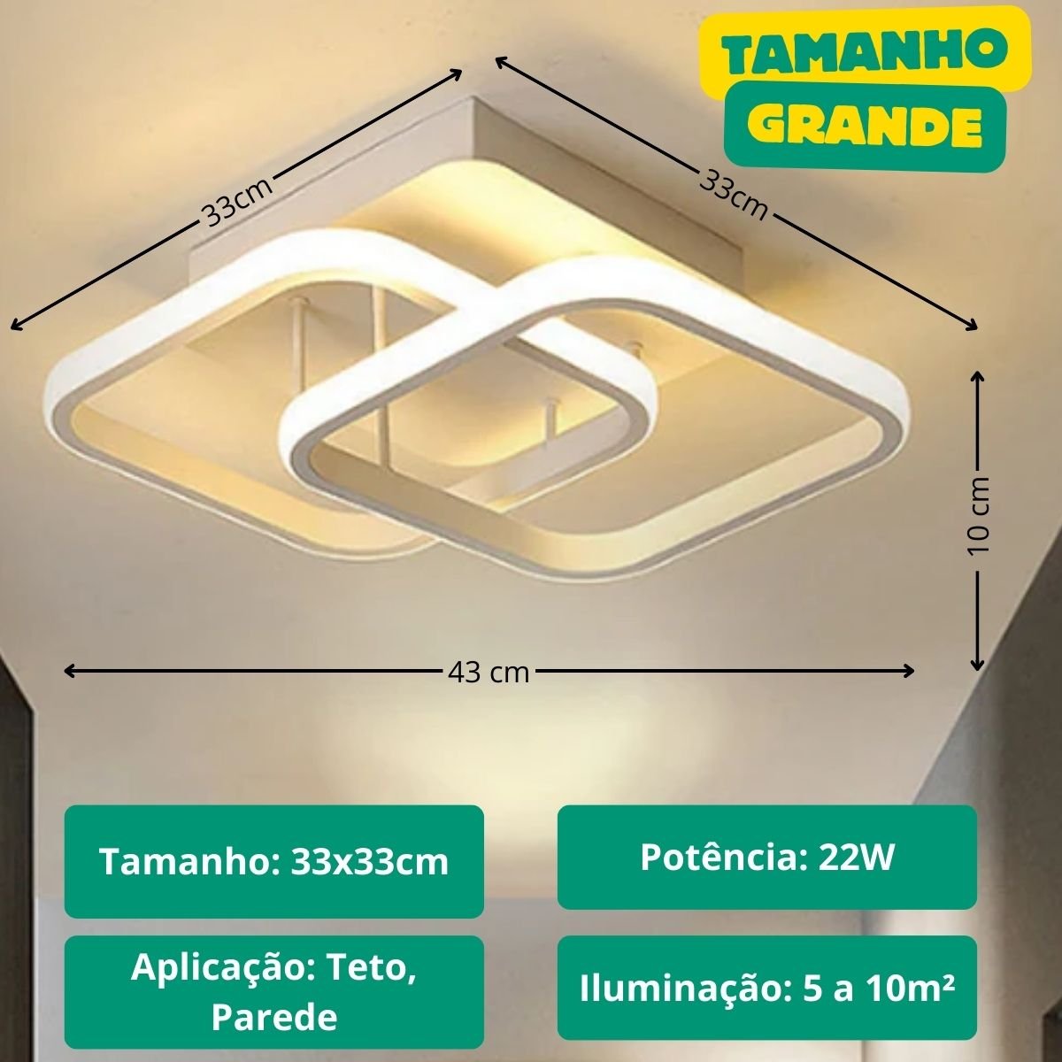 Luminaria Plafon Teto Pendente Quadrado Luz Led Sobrepor 22w Cor Branco Luz Amarela 3000k - 3