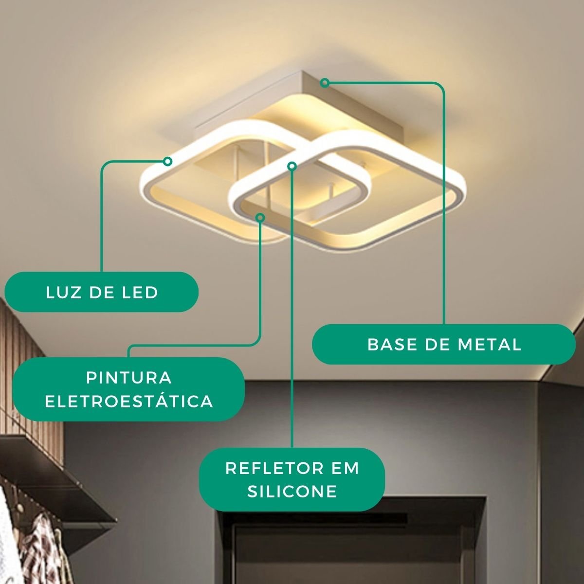 Luminaria Plafon Teto Pendente Quadrado Luz Led Sobrepor 22w Cor Branco Luz Amarela 3000k - 4