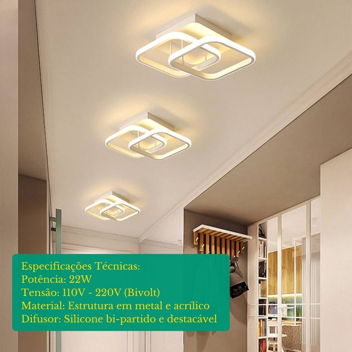 Luminaria Plafon Teto Pendente Quadrado Luz Led Sobrepor 22w Cor Branco Luz Amarela 3000k - 6