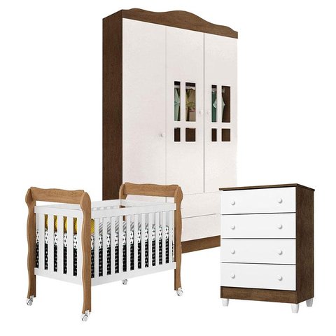 Quarto de Bebê Ariel 3 Portas com Gaveteiro e Berço Americano Lila Branco Acetinado Amadeirado - Car