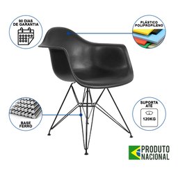 Mesa Industrial Jantar Quadrada Preta 90cm Base V com 4 Poltronas Pretas Eames Eiffel Ferro Preto - 4