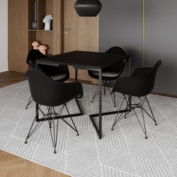 Mesa Industrial Jantar Quadrada Preta 90cm Base V com 4 Poltronas Pretas Eames Eiffel Ferro Preto - 1