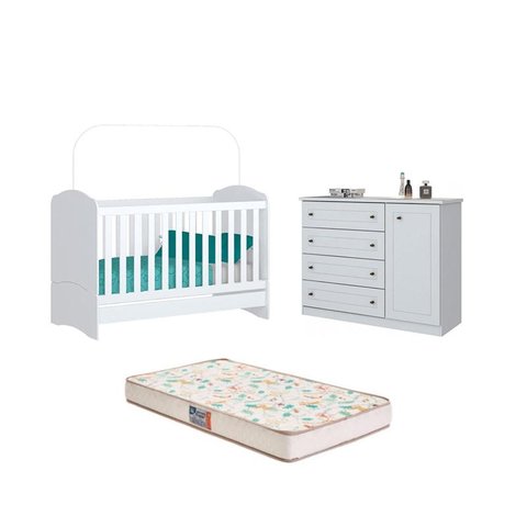 Berço Bala de Menta e Cômoda Americano Branco e Colchão - Fdecor