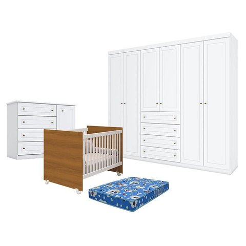 Quarto de Bebê Americano 6 Portas com Berço Nacional Mel Branco Savana– Reller - Henn e Colchão Tend
