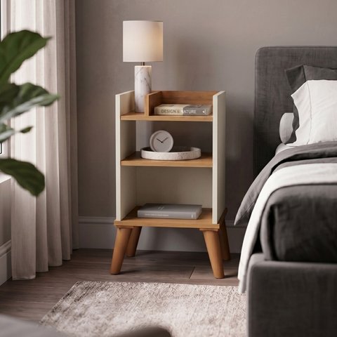 Mesa de Cabeceira Lateral Canto de Cama Multiuso Off White com Nature