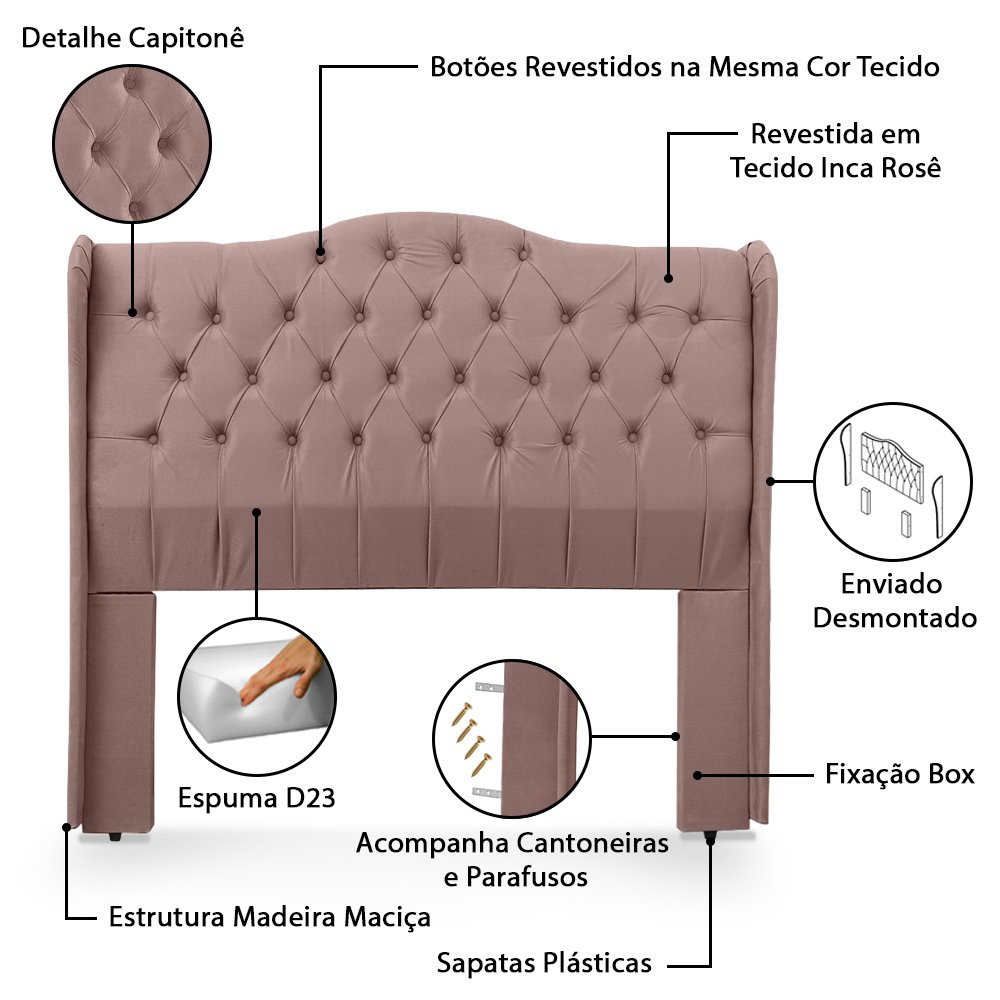 Cabeceira Estofada 1.95 para Cama Box King Capitonê Dubai Inca Rosê - Lh Móveis - 9