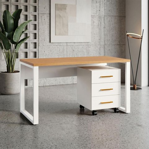 Mesa Escrivaninha Industrial 160cm x 60cm com Gaveteiro 03 Gavetas 100% MDF F5 Office Cor:Freijó