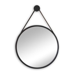 Espelho Redondo Adnet 60cm com Suporte Preto e Alça em Couro Ecológico Escandinavo Decorativo - 1