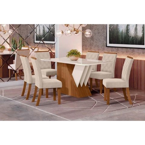 Conjunto: Mesa de Cozinha Epic Tampo Madeirado C/ Vidro 160x90cm e 6 Cadeiras Vita Nature/linho -