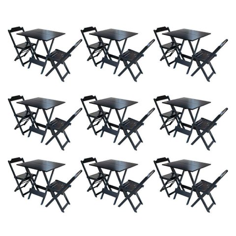 Kit 9 Conjuntos De Mesa Dobravel Com 2 Cadeiras De Madeira 70X70 Para Restaurante E Bar - Preto