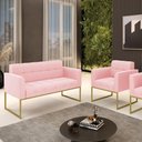 Ver imagem 6 de Kit 1 Sofá Namoradeira e 1 Poltrona Suede Base Metálica Industrial Dourado - D\'rossi Cor Rosa Beb