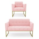 Ver imagem 1 de Kit 1 Sofá Namoradeira e 1 Poltrona Suede Base Metálica Industrial Dourado - D\'rossi Cor Rosa Beb