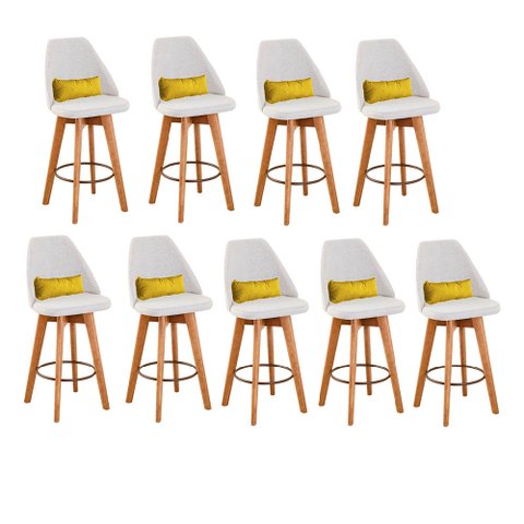 Kit 09 Banquetas Alta Maya Giratória Com Encosto Gourmet Linho Bege e Almofada Suede Amarelo - Gat