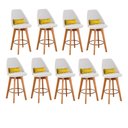 Ver imagem 1 de Kit 09 Banquetas Alta Maya Giratória Com Encosto Gourmet Linho Bege e Almofada Suede Amarelo - Gat
