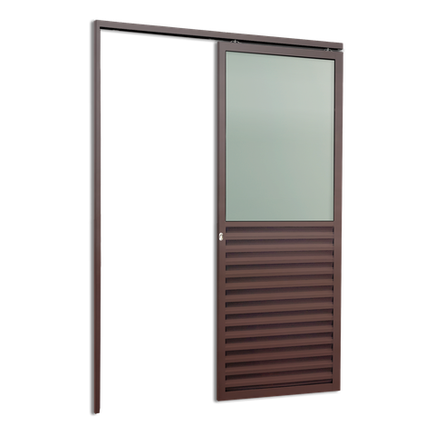 Porta Correr Susp.Meia Veneziana Meia Vidro Esq L.25 Marrom Corten 210x70 Brimak