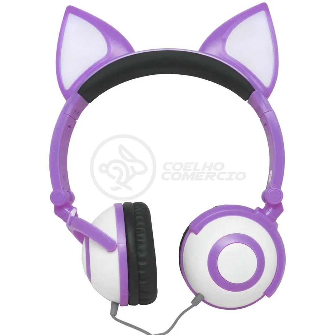 Fone de Ouvido Gatinho Fox Sem Fio Com Led Orelha Gato Dobrável Infantil  Microfone H'Maston - Roxo