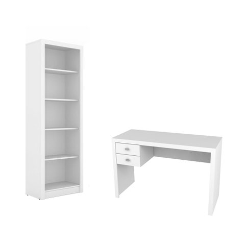 Escritório com Mesa para Computador 2 Gavetas com Armário Prateleiras Portas Branco - Fdecor