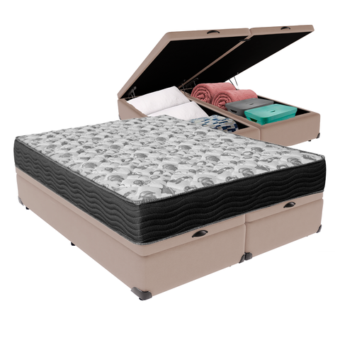 Cama Box Baú Bipartido Casal Bege e Colchão Iso 100 D33 Ortobom