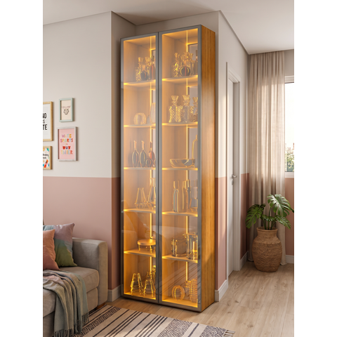 Cristaleira 100% MDF 2 Portas com LED, Espelho e 10 Prateleiras 76x217,6x23,5cm