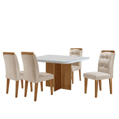 Sala de Jantar Mesa 90cm Olímpia em Mdf com Vidro Canto Copo 4 Cadeiras Carol Moderna Mobília
