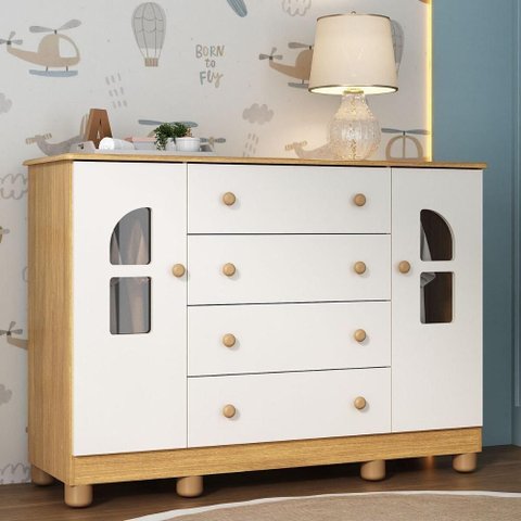Cômoda Infantil 125cm 2 Portas com Vidro e 4 Gavetas Nina Multimóveis Mp4506 Madeirado/branco