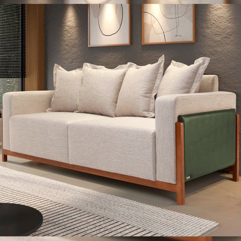 Sofá 03 Lugares para Sala de Estar 178 cm Khali B04 Linho Bege Couríssimo Verde - Lyam Lyam Decor