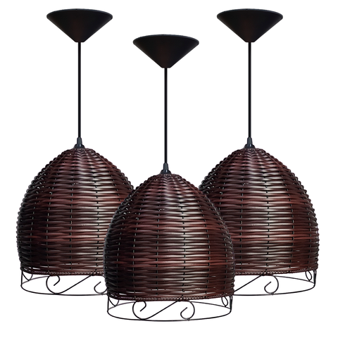 3 Pendentes Lustre Luminária Fibra Junco Meia Esfera