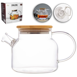 Chaleira Vidro 1,3l Borossilicato Tampa Bambu com Filtro