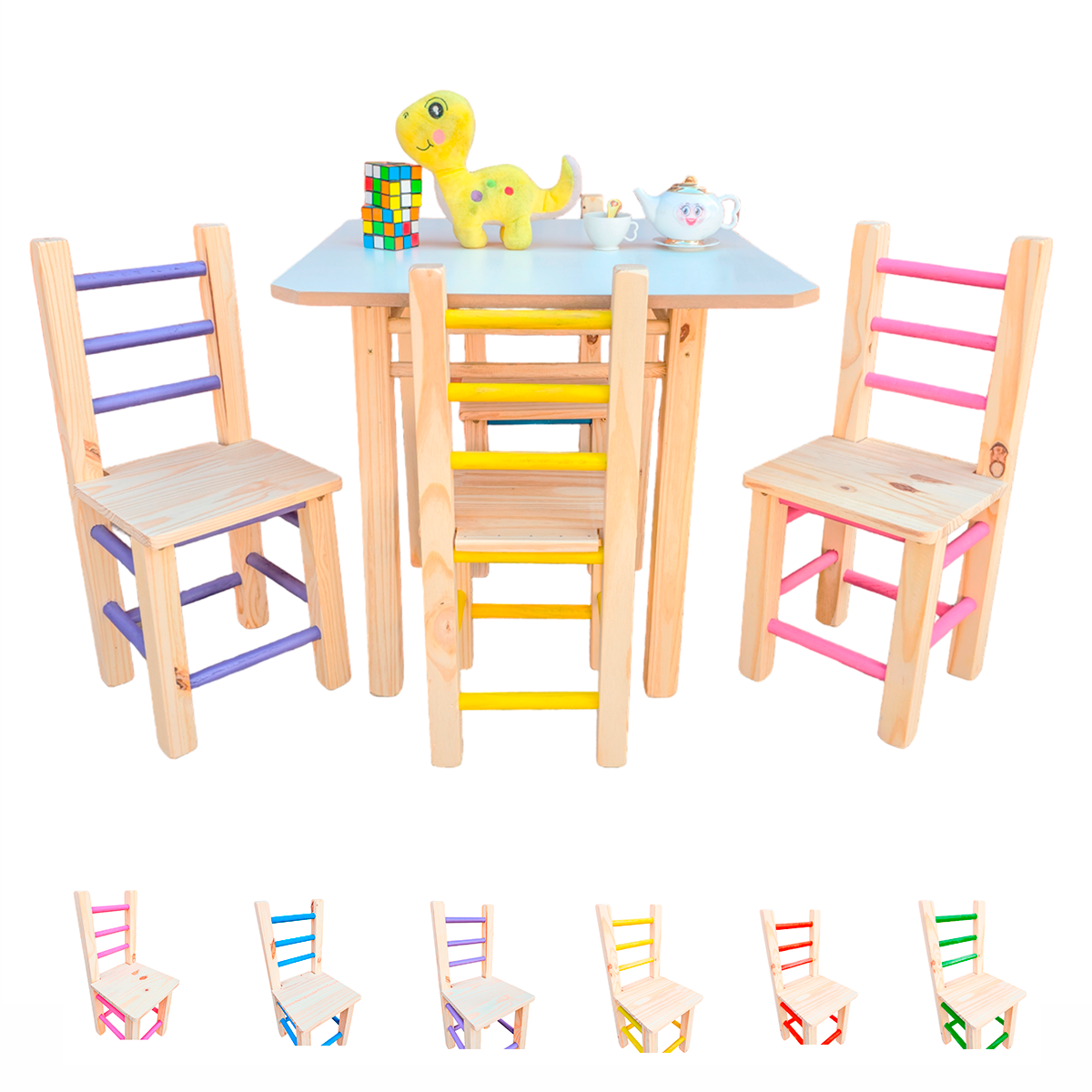 Conjunto de Mesa com 4 Cadeiras Colorida Infantil de Madeira Maciça Resistente - 1