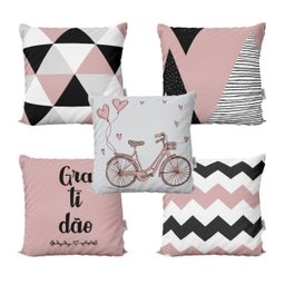 Almofadas Decorativas Rosa e Preto Geométricas Gratidão Para Sofá 40x40 - Novadecora - 1