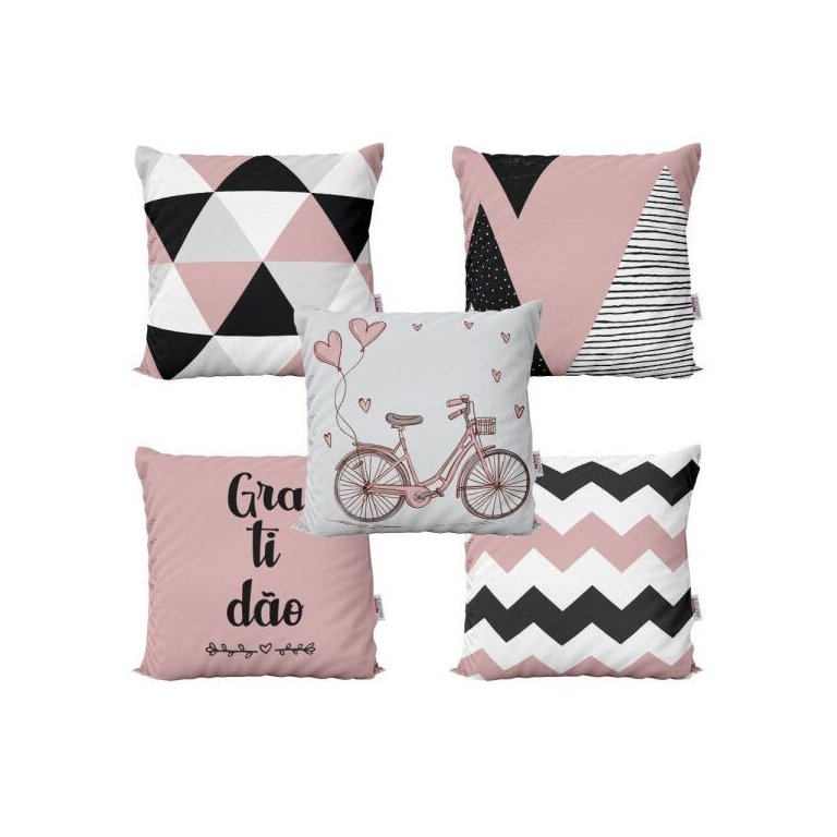 Almofadas Decorativas Rosa e Preto Geométricas Gratidão Para Sofá 40x40 - Novadecora