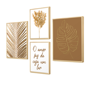 Kit 4 Quadros Decorativos Bege Frases Minimalista