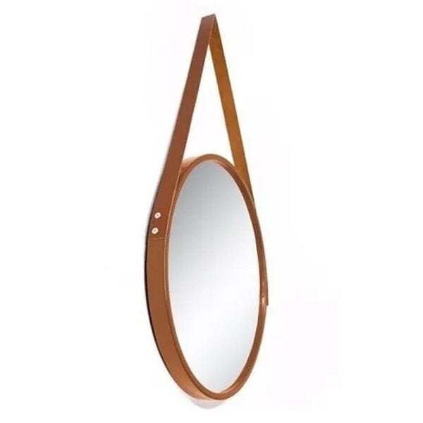Espelho Decorativo Redondo Marrom Adnet Suspenso com Alça Marrom 45cm - Novadecora