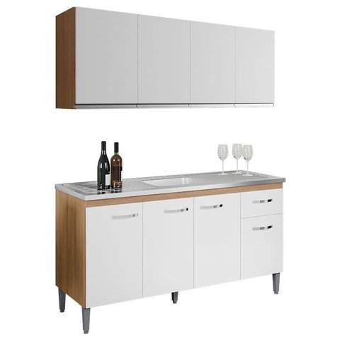 Balcão de Pia Gabriela 150cm e Armário Aéreo Andréia Amêndoa Branco - Ajl