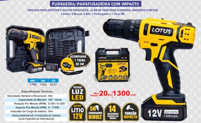 Furadeira e Parafusadeira C/ Impacto 12v Bivolt + 14 Pças - 2