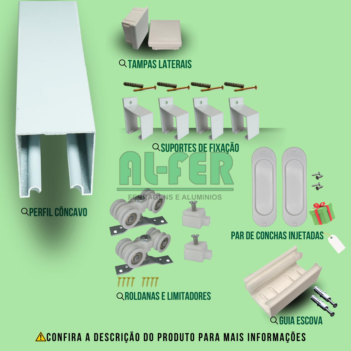 Kit Prático para Porta de até 80cm Correr Trilho Branco - 1,60m + 1 Par de Concha - 3