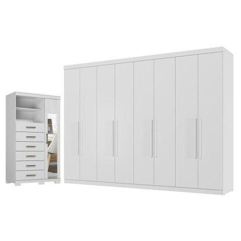 Guarda Roupa Casal e Cômoda Master New e Marabá 8 Portas 4 Gavetas MDP Branco Brilho Santos Andir