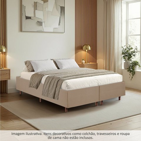 Cama Box Queen Estofada em Madeira Maciça Base Reforçada Santorini Espresso Móveis Bege/Dourado