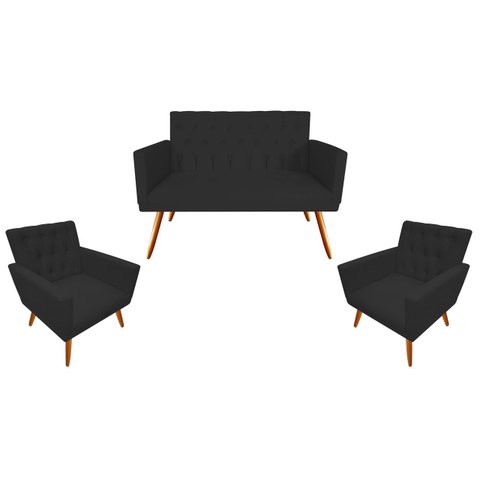 Kit Namoradeira + 2 Poltronas Decorativa Nina Capitonê Suede Preto Pés Madeira Mz Decor
