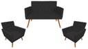 Ver imagem 1 de Kit Namoradeira + 2 Poltronas Decorativa Nina Capitonê Suede Preto Pés Madeira Mz Decor