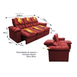 Sofá Retrátil Reclinável Atenas 2,30m Suede Velut Vermelho c/ Molas no Assento - King House - 2