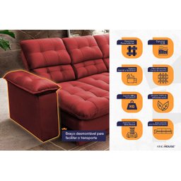 Sofá Retrátil Reclinável Atenas 2,30m Suede Velut Vermelho c/ Molas no Assento - King House - 3
