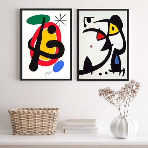 Kit 2 Quadros Abstratos Obras de Miró 33x24cm - com Vidro:madeira Branca