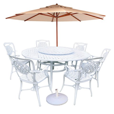 Conjunto de Jardim com Mesa Giratória e 6 Cadeiras Piscina + Guarda Sol