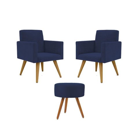 Jogo 02 Poltronas Decorativas + Puff Redondo Oferta Cor: Azul Marinho