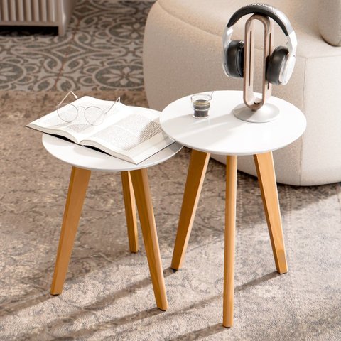 Conjunto 2 Mesas Lateral e Apoio Maju com Pés em Formato Palito - Branco