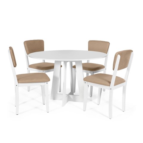 Mesa de Jantar Redonda Montreal Branca com 4 Cadeiras Estofadas Ella Branco/marrom Claro